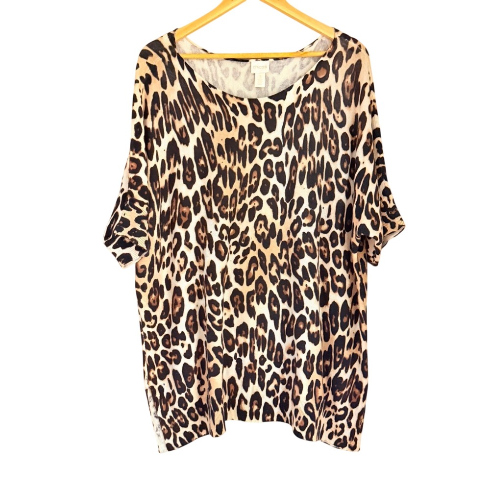 Chico's Animal Print Knit Tunic Top Brown Black Plus Size 3 Safari
